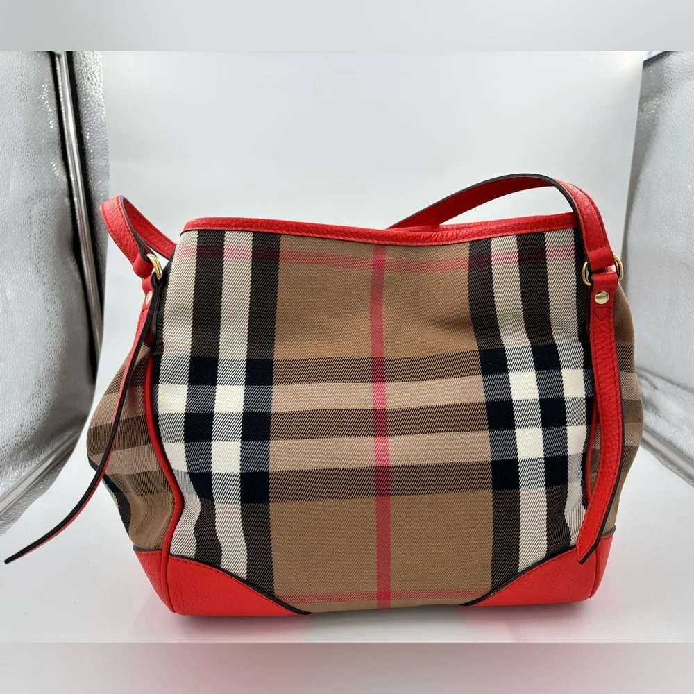 Auth Burberry House Check Canterbury canvas leather orange bag tote purse - Picture 5 of 16